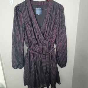 Modcloth Time To Shine Metallic Mock Wrap Tie Dress Long Sleeve Medium